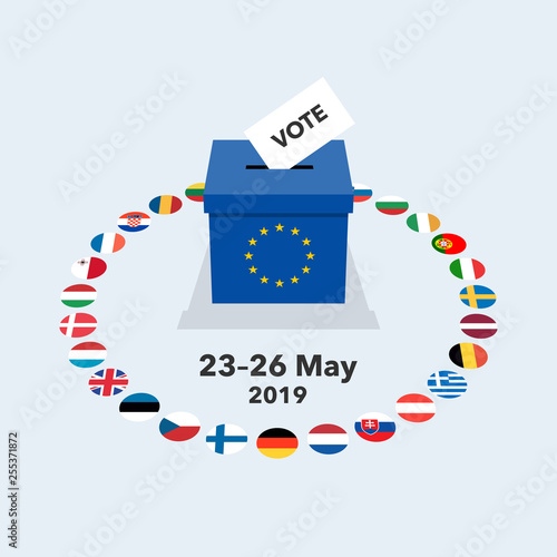 European elections 2019 illustration with voting paper in the ballot box and national flags. Flat design, easy to use for your website or presentation.