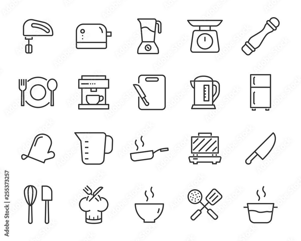 set of kitchen tools icons, such as knife, plate, oven, pan, fork, bowl, mixer set of kitchen tools icons, such as knife, plate, oven, pan, fork, bowl, mixer
