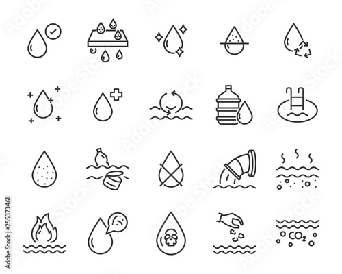 set of water icons, such as filter, clean water, nature, pollution, water drop