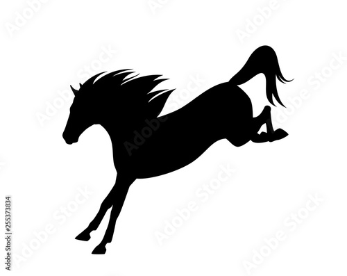 wild mustang horse jumping down - black vector silhouette of rushing animal