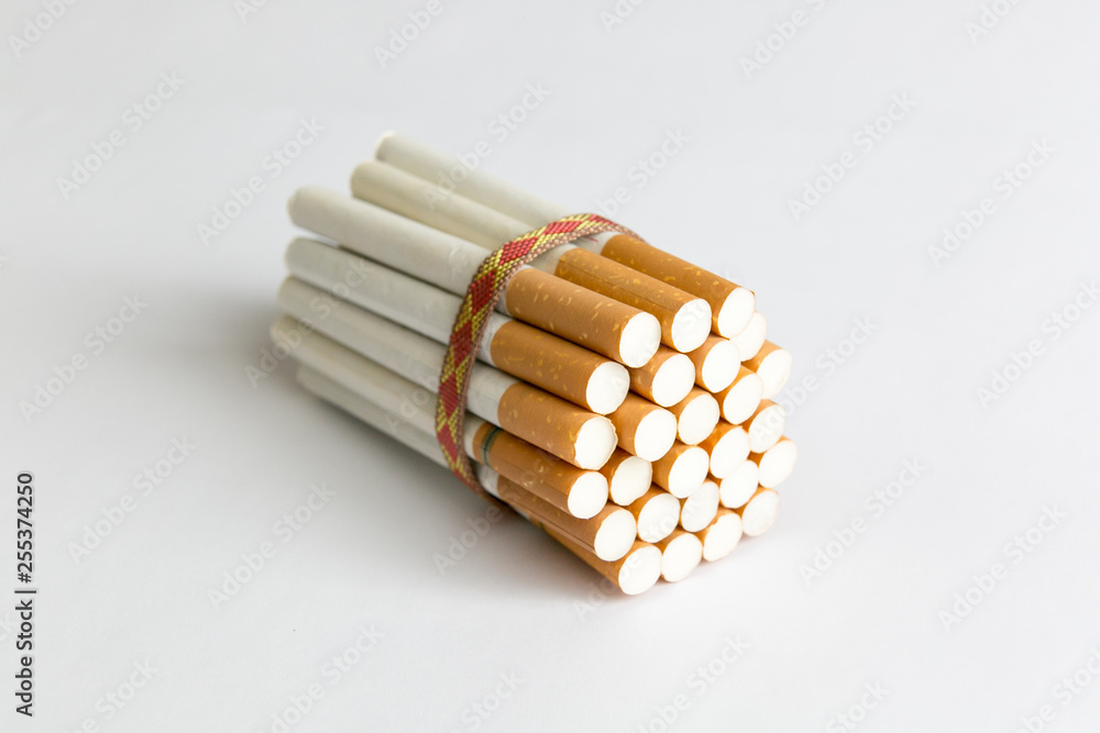 Many tobacco cigarettes tied with a rope on a white background. Many tobacco cigarettes tied with a rope on a white background. Many tobacco cigarettes tied with a rope on a white background. Many tobacco cigarettes tied with a rope on a white background.