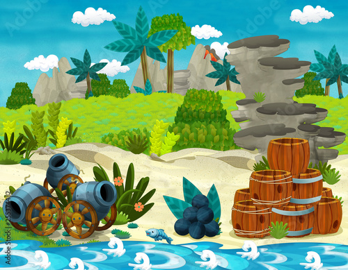 cartoon scene with beach shore with wooden traditional barrels and cannon and cannon balls on some tropical island - illustration for children