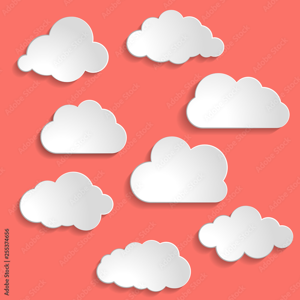 Vector illustration of clouds collection on Living Coral color of the Year 2019