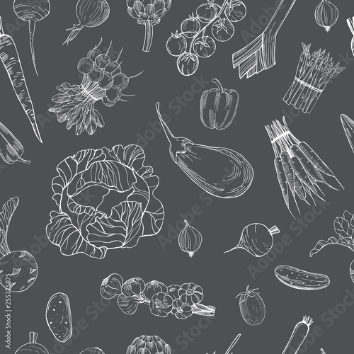 Vector seamless pattern with  hand drawn  vegetables on grey background.