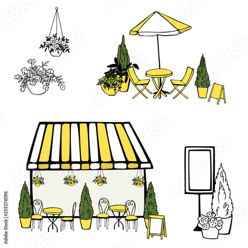 Street Cafe set. Umbrellas. Plants. Vector sketch  illustration.