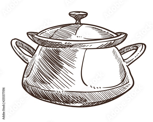 Cooking pan with handles and cap monochrome sketch outline