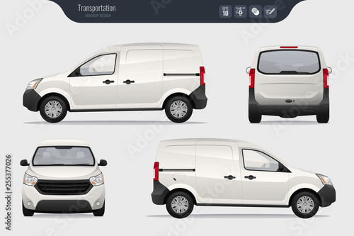 Detailed cargo freight car vector template. Realistic White Cargo Van isolated on grey background. Vector