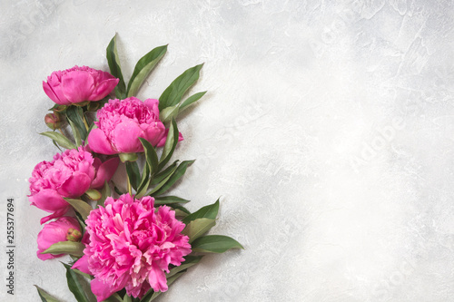 Fototapeta Naklejka Na Ścianę i Meble -  Mothers day. Bouquet of pink peony flowers on vintage table. Copy space.