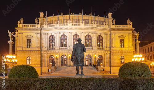 Canvas Print Building of Rudolfinum with statue of composer Antonin Dvorak from back