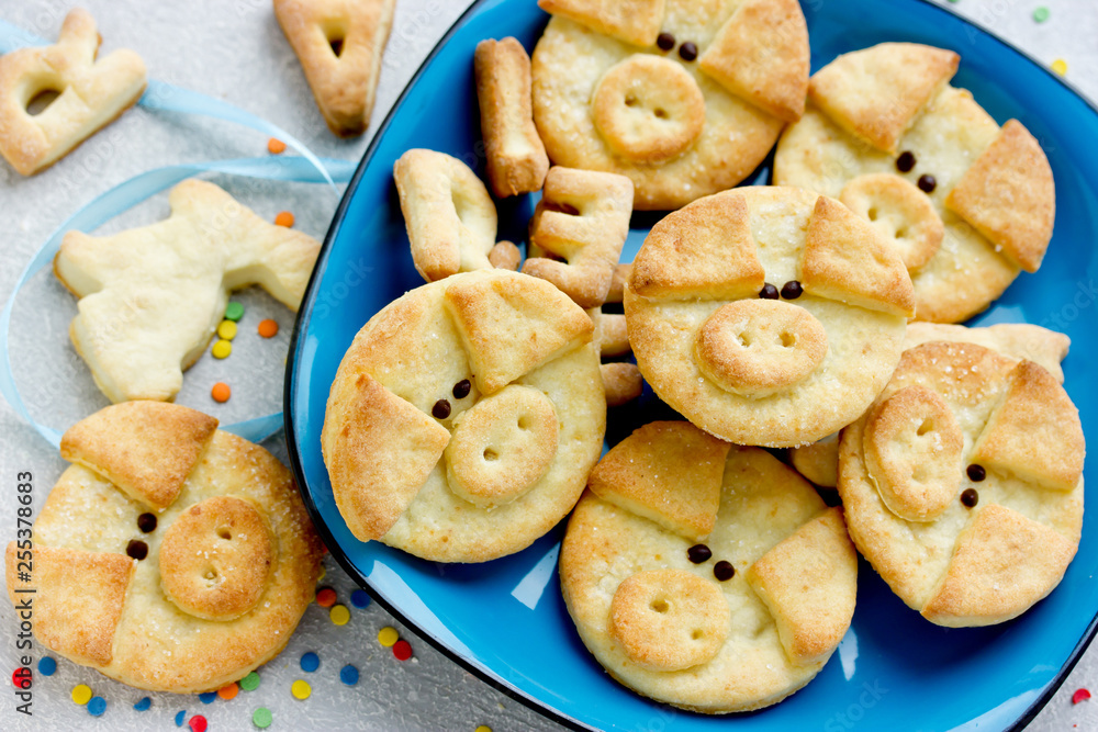 Cute pig cookies for kids party, funny animal shaped sugar cookies idea