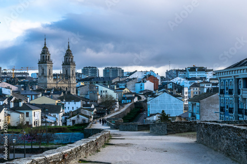  Landscape of the beautiful city of Lugo on the wall with the Cathedral of Lugo in the background in Lugo, Galicia, Spain.