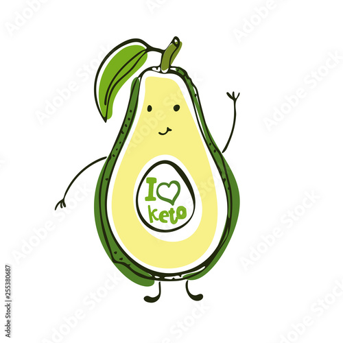 Keto diet hand drawn illustration. Cartoon cute avocado character with lettering. Healthy ketogenic nutrition. Low carb diet. I love keto quote. Style isolated design element