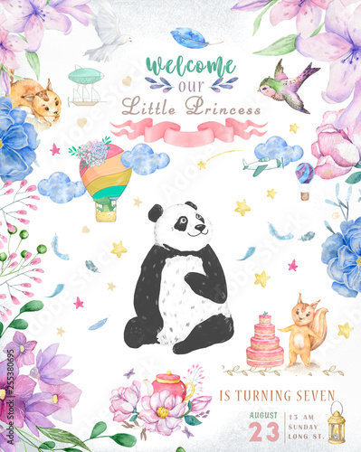 Happy Birthday card design with cute panda bear and boho flowers and floral bouquets illustration. Watercolor clip art for greeting card. Invite poscard, beauty animal. Text for celebration