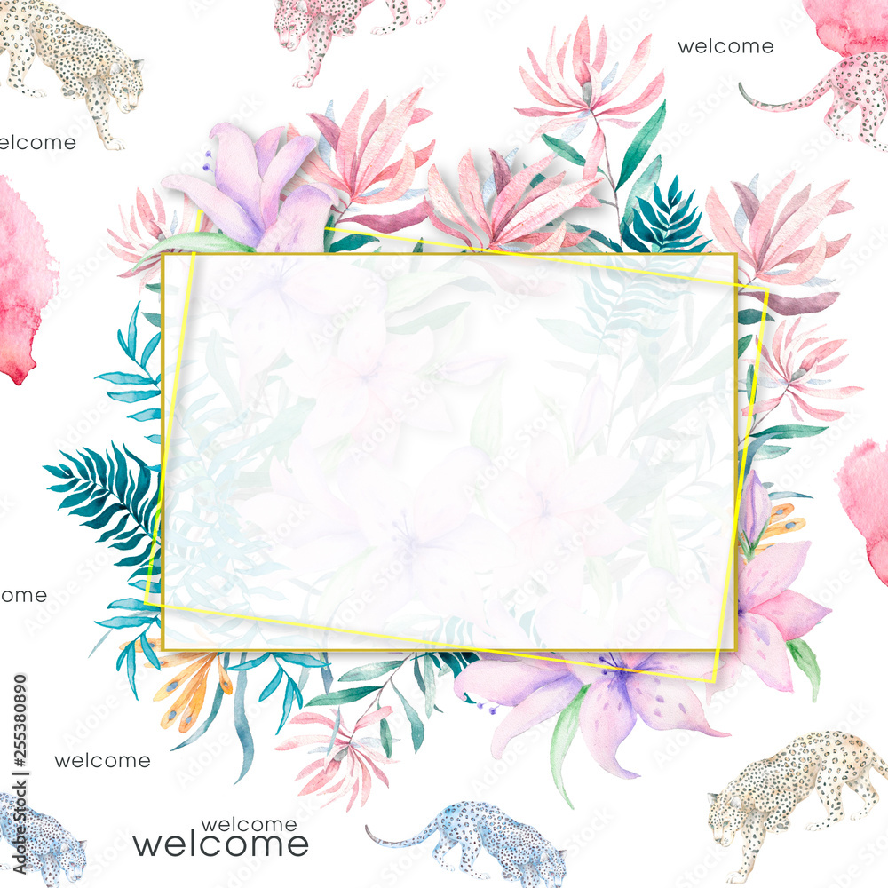 Wedding Invitation, floral invite card, pink flowers and green leafs geometric gold frame. Rhombus Rectangle frame. White square background. watercolor. Greeting card, tropical set. Living coral Wedding Invitation, floral invite card, pink flowers and green leafs geometric gold frame. Rhombus Rectangle frame. White square background. watercolor. Greeting card, tropical set. Living coral