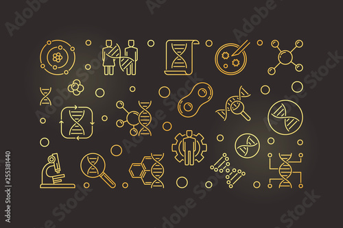 Biochemistry vector golden horizontal illustration in outline style on dark background