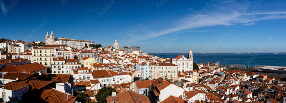 Panoramic view from Miradouro de Santa Luzia with St. Vincent's Church on top. Place of worship, full of art and tombs of the monarchs of the dynasty of Bragança of Portugal. Lisbon.