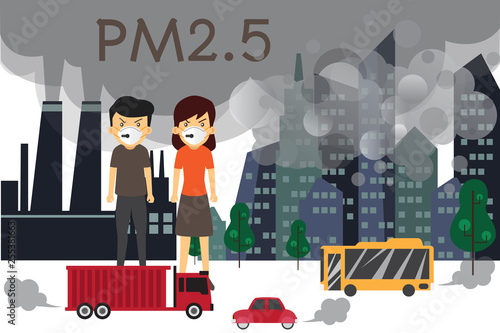 Environmental air pollution infographics set with information about environmental impact. Air Pollution and cartoon character, Dust pm 2.5 vector illustration.