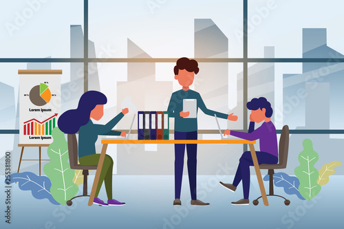 Coworking space with creative people sitting at the table. Business team working together at the desk using laptops and discussion. vector illustration. © Love You Stock