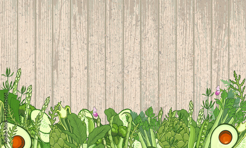 Green vegetables and verdure background - wooden texture. Healthy organic food concept. Hand-drawn illustration design for restaurant menu or market porter. Vegetarian and low calories nutrition