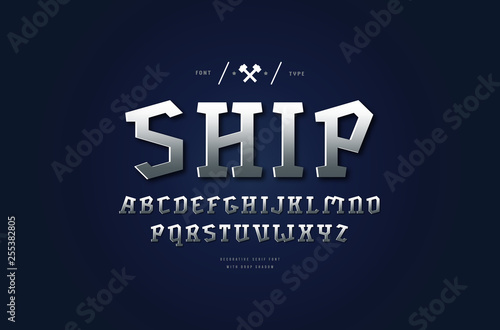 Stock vector silver colored and metal chrome geometric serif font