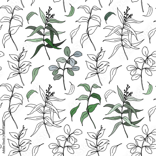 Vector sketch eucalyptus leaves big seamless pattern. Hand painted eucalyptus leaves and branch isolated on white background for design, print or fabric.