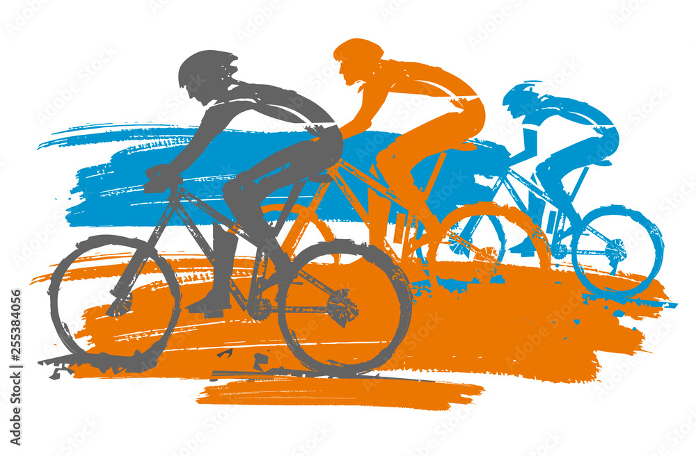  Three cyclists, racing, expressive stylized. Three cyclists in full speed. Imitation of hand drawing. Isolated on white background. Vector available.
