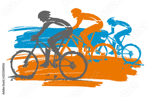  Three cyclists, racing, expressive stylized. Three cyclists in full speed. Imitation of hand drawing. Isolated on white background. Vector available.