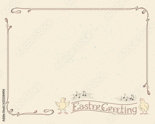 Happy Easter Greeting typography logotype with singing chickens, retro vintage frame. Lettering and border in Art Nouveau style for greeting card, invitation, poster background calligraphy template
