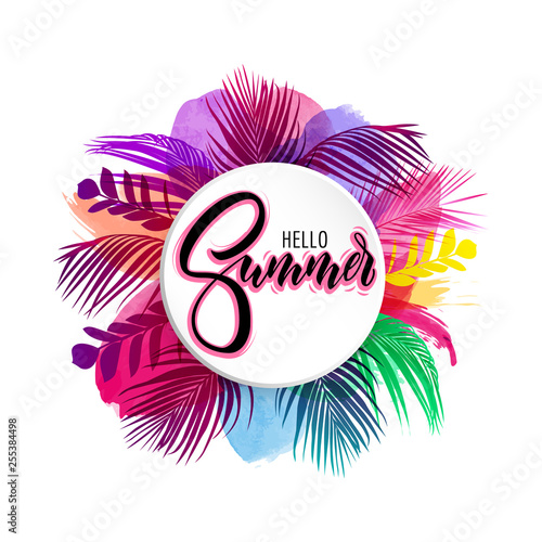 Lettering hello summer wrote by brush. Hello summer calligraphy. Palm leaves