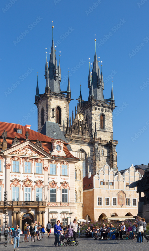 PRAGUE, CZECH REPUBLIC - OCTOBER 14, 2018:  The Staroměstské square and the gothic church of Our Lady before Týn.