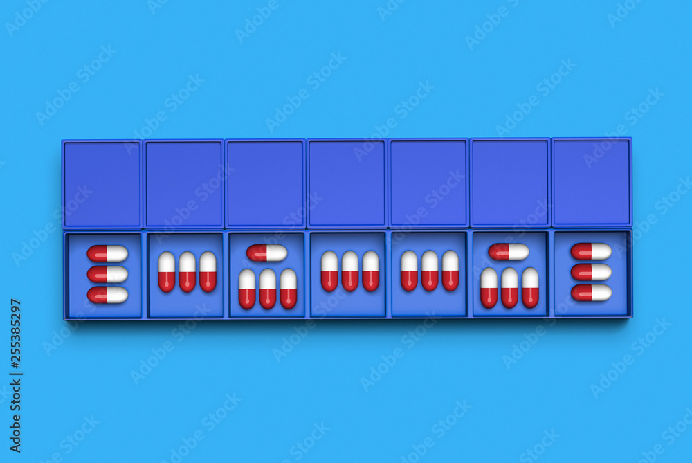 3D rendering of a pillbox for daily doses on plain background