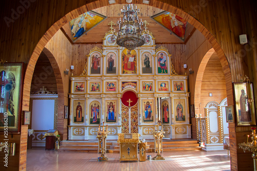 Belarus, Gomel, September 17, 2018.Church of St. Michael the Archangel.The interior of a wooden Orthodox church