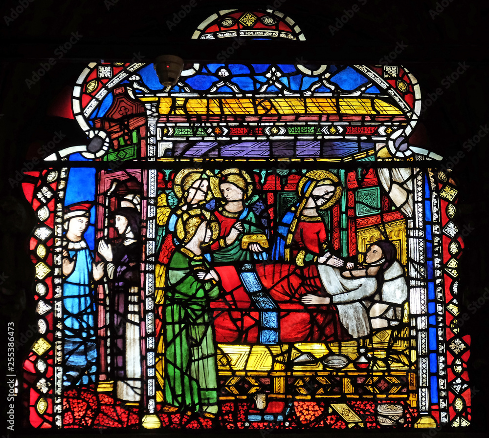 Miracle of the sinful Abbess by Leonardo di Simone, stained glass window in Orsanmichele Church in Florence, Italy
