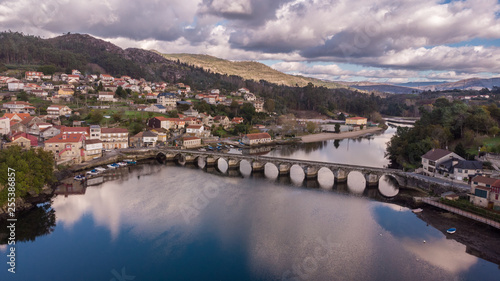 Aerial view of roman bridge in Pontesampaio, Pontevedra, Galicia, Spain. Way of St. James.