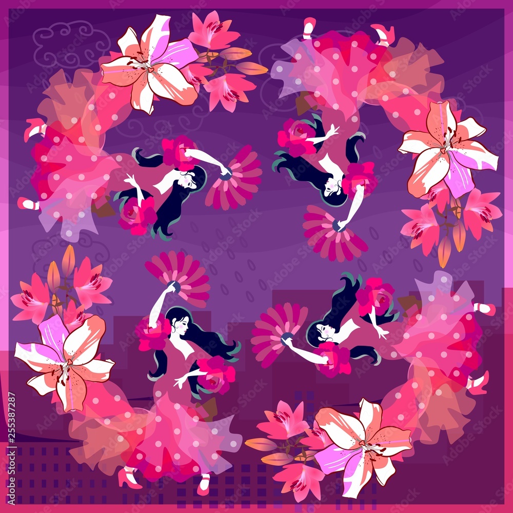 Fototapeta premium Four Spanish girls in long dresses dancing flamenco against the backdrop of a rainy spring city. Decorative print for a silk scarf in lilac and pink tones.