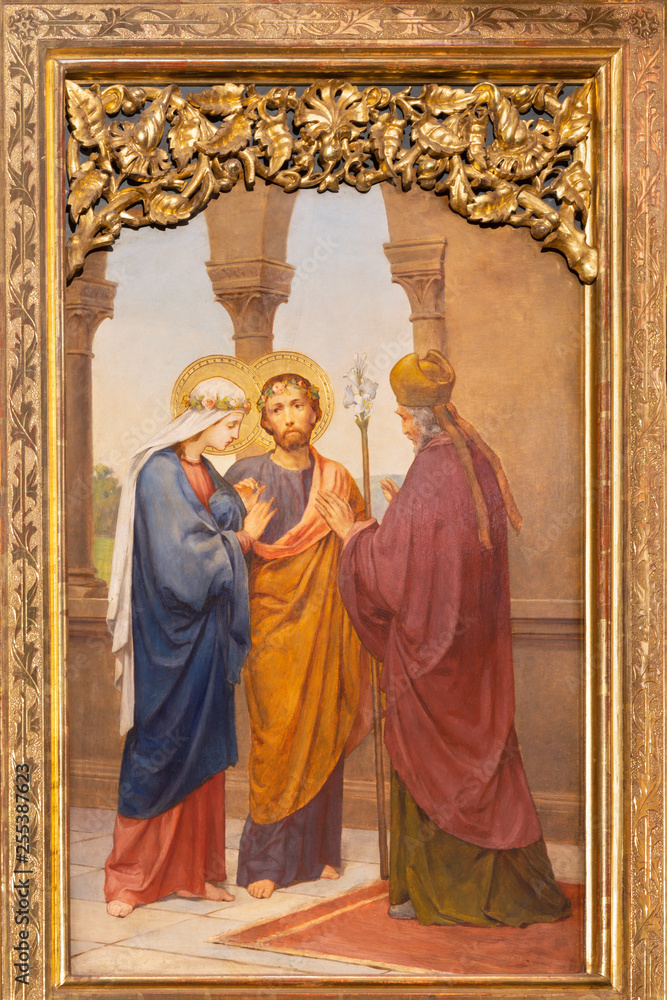 PRAGUE, CZECH REPUBLIC - OCTOBER 12, 2018: The painting of Wedding of Virgin Mary and St. Joseph in church Bazilika svatého Petra a Pavla na Vyšehrade by S. G. Rudl (1895).