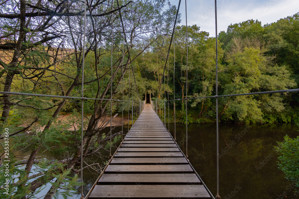 Suspension bridge, Crossing the river in Soutomaior, Pontevedra, Galicia, Spain.