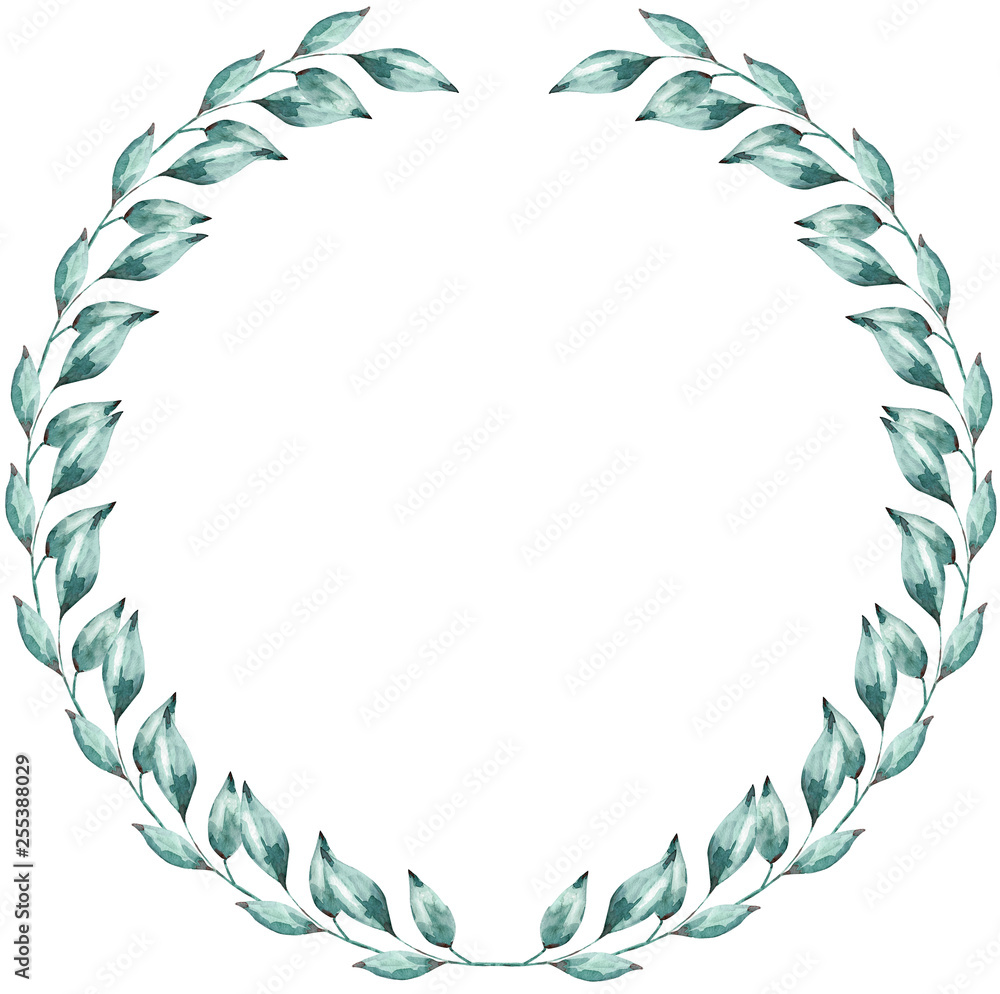 Watercolor green wreath made of leaves. Round frame isolated on white ...