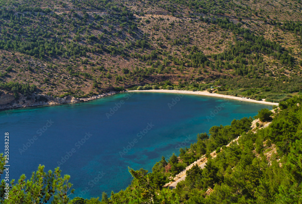 Elinda beach in central west Chios island, Greece. Beautiful isolated beach with turquoise water, view from above.