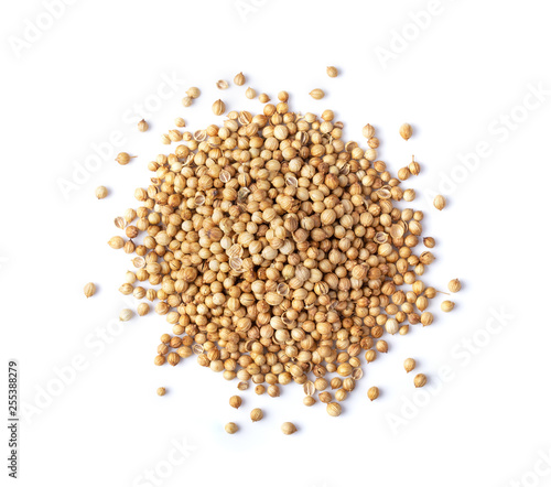Coriander seeds isolated on white background. top view