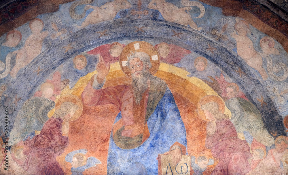 The Eternal Father and the Holy Innocents Martyrs, frescoed lunette by Giovanni di Francesco, Ospedale degli Innocenti - Exterior arcade, Florence, Italy