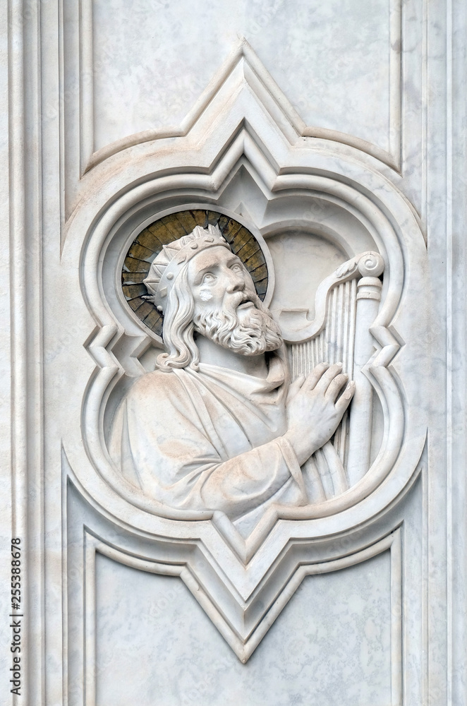King David, relief on the facade of Basilica of Santa Croce (Basilica of the Holy Cross) - famous Franciscan church in Florence, Italy