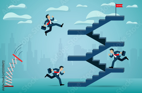 Businessman are competition running up the stair to the red flag. go to success goal. business finance concept. creative idea. leadership concept. startup. illustration cartoon vector
