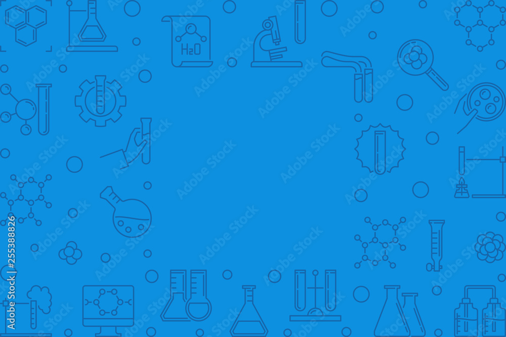 Chemical blue concept horizontal illustration with square frame in thin line style. Vector illustration