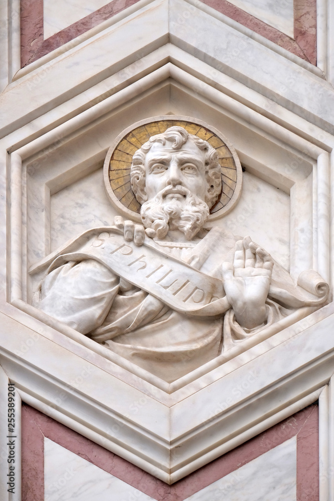 Saint Philip, relief on the facade of Basilica of Santa Croce (Basilica of the Holy Cross) - famous Franciscan church in Florence, Italy