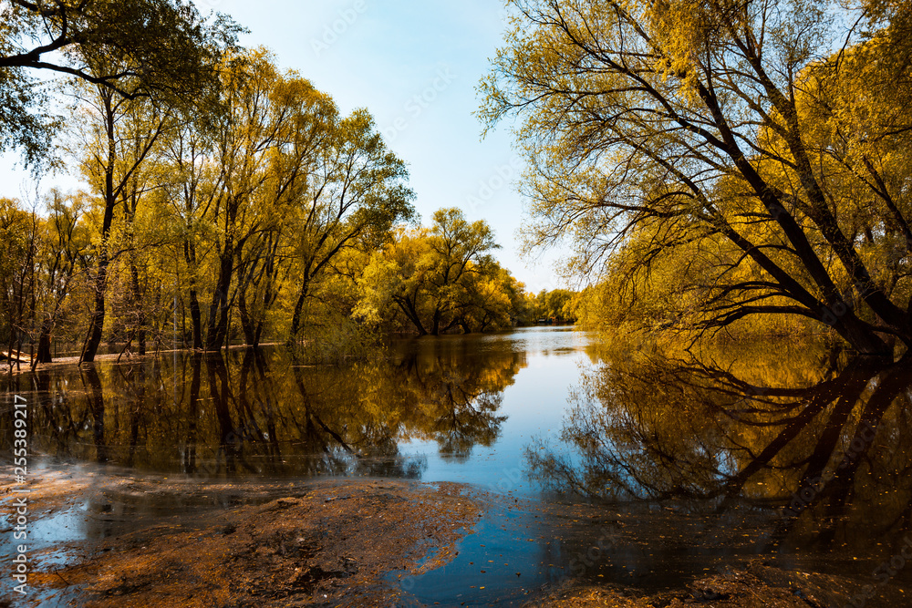 Landscape view of the river Desna in Chernigov with trees Landscape view of the river Desna in Chernigov with trees