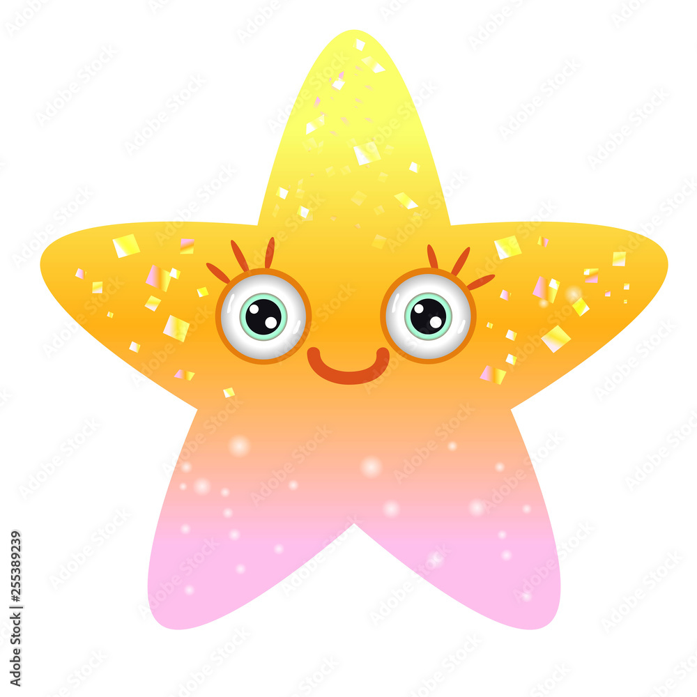 Shiny yellow star with smiling eyes. Emoji star in gradient. Stock