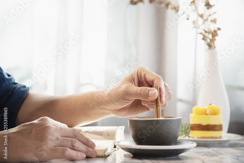 Bild auf Leinwand People serve beautiful fresh relax morning coffee cup set - people with coffee s