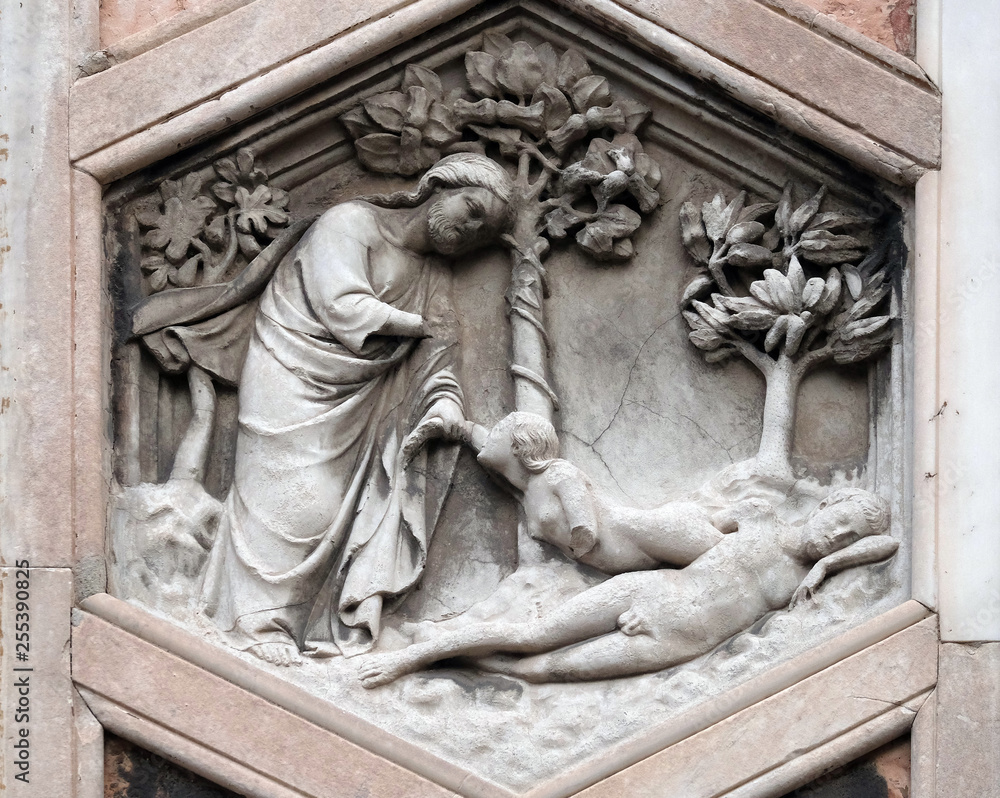Creation of Eve by Andrea Pisano, 1334-36., Relief on Giotto Campanile of Cattedrale di Santa Maria del Fiore (Cathedral of Saint Mary of the Flower), Florence, Italy