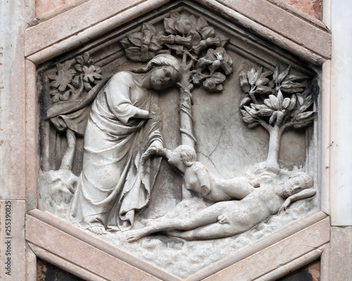 Creation of Eve by Andrea Pisano, 1334-36., Relief on Giotto Campanile of Cattedrale di Santa Maria del Fiore (Cathedral of Saint Mary of the Flower), Florence, Italy
